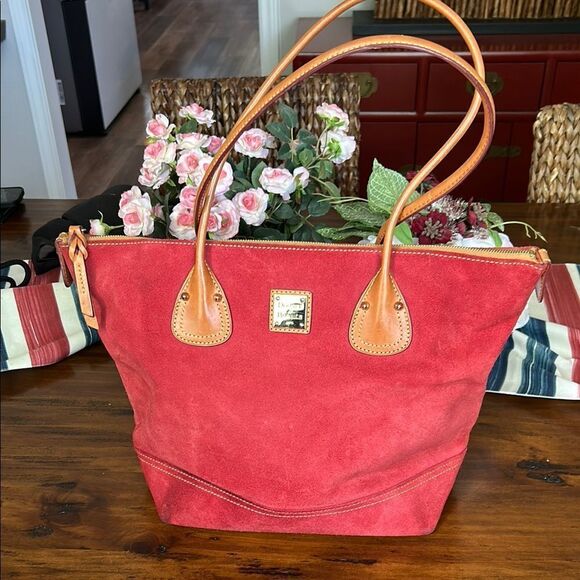 Dooney & Bourke Red Tote with Leather Handles material is suede - Picture 1 of 17